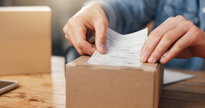Person, hands or label with box for logistics, delivery instructions or shipping information in shop. Supplier, distributor or sticker with parcel or package for courier service in online store