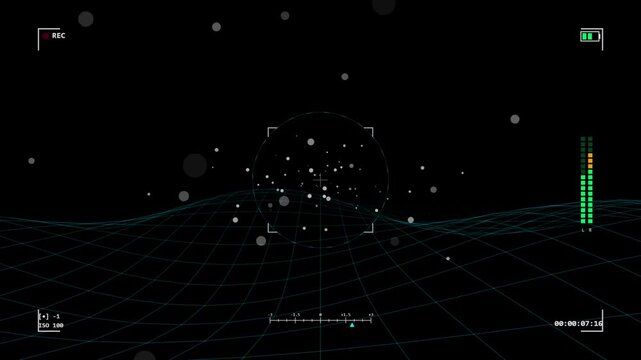 Futuristic digital hud overlay animation with target reticle, data counters, and wave grid