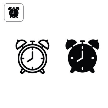 Alarm clock icon set in outline and solid black