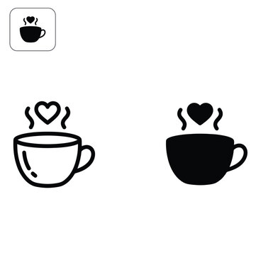 Coffee cup with heart icon set, simple black line