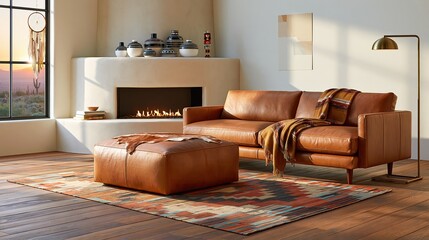 Fototapeta premium Cozy modern living room with a stylish brown leather sofa, ottoman, and decorative fireplace