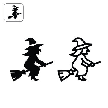 Witch on Broomstick Icon Set, Halloween Flying Witch Silhouette