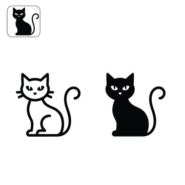 Black Cat Icon Set Featuring Minimalist Silhouette and Line