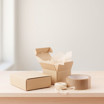 Bo&icirc;tes en carton et fournitures d&rsquo;emballage sur une table en bois avec espace pour texte