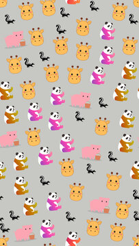 Cartoon animal pattern with giraffes, pandas, pigs, and skunks