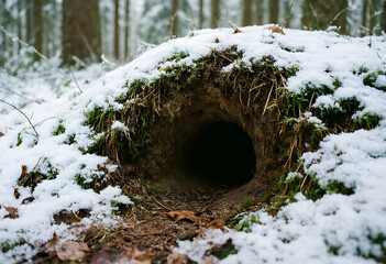 Fototapeta premium Hibernation and wildlife survival, animal burrow entrance in a snowy forest during winter season with moss and frozen ground in the wilderness