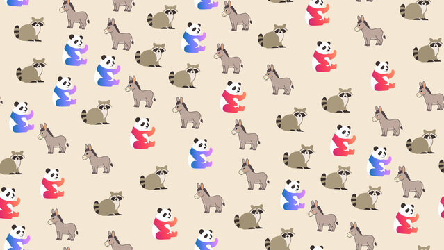 Cartoon Pandas Raccoons and Donkeys Pattern