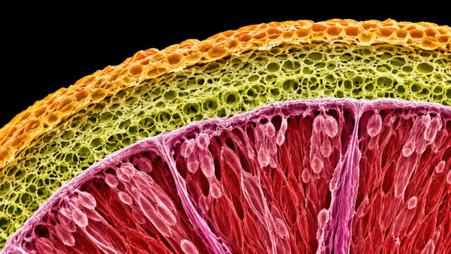 Colorized scanning electron microscope cross section of citrus fruit peel and pulp structure revealing vivid cellular detail on black background