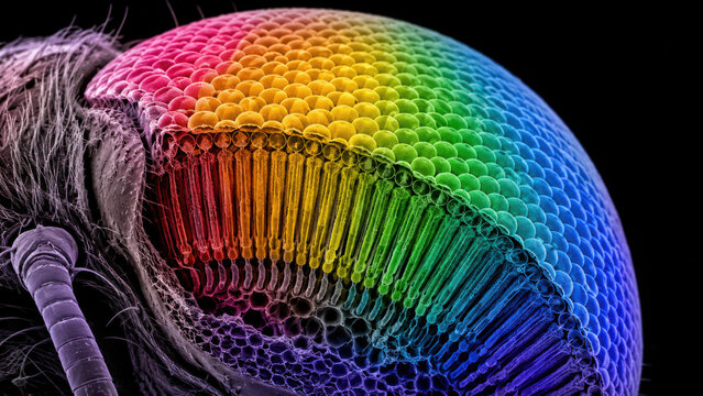 Colorized scanning electron microscope view of compound insect eye showing hexagonal facets with rainbow spectrum gradient against dark background