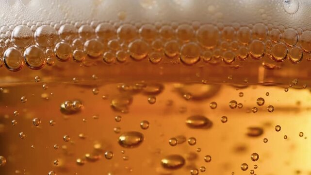 Close up of beer glass with foam bubbles cold drink
