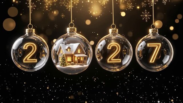 Transparent Christmas ornaments hanging with the number 2027 and a miniature winter house with glowing lights inside one bauble. New Year and winter holiday concept.