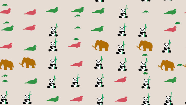 Seamless pattern with pandas, elephants, seals, and rodents