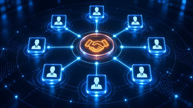 Holographic handshake icon surrounded by glowing blue profile nodes representing digital business networking and partnership.