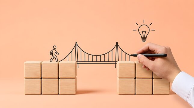 Hand drawing a bridge connecting wooden blocks with a stick figure and lightbulb icon on an orange background for business solution and innovation concepts