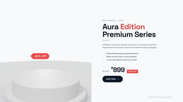 Modern Minimalist E-commerce Landing Page Template with 3D Product Podium and Clean Typographic Layout for Premium Retail