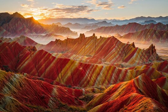 Colorful Danxia landform striped hills at sunrise in China, layered red rock formations