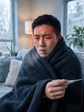 Sick Asian man wrapped in blanket holding thermometer with fever in freezing cold living room.