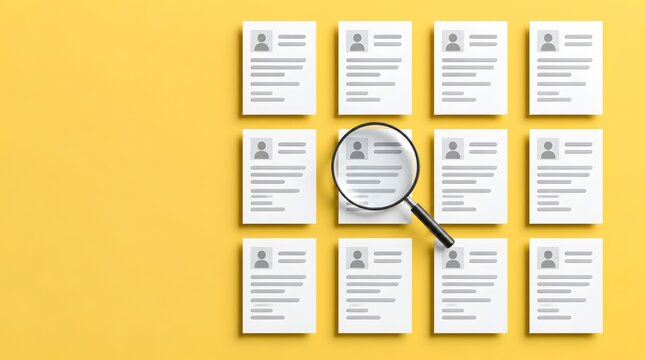 Magnifying glass focusing on one resume document among a grid of applications on a yellow background for talent selection concepts
