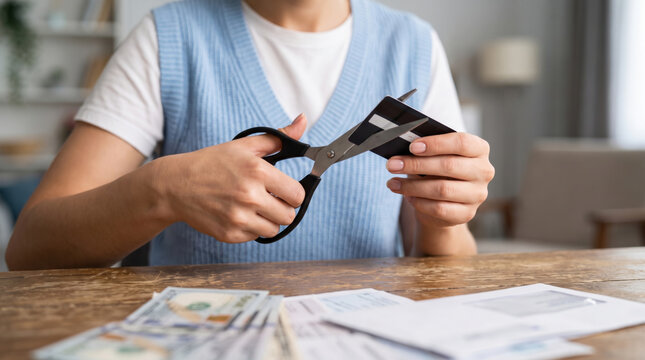 Scissors cut credit card during household budgeting. Finance crisis recession problem. bankruptcy bankrupt destroy loss, debt loan pay spending poverty