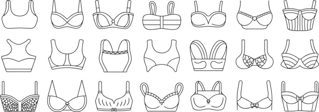 Set of various bra styles and lingerie featuring different cuts, straps, and patterns in a black and white line collection