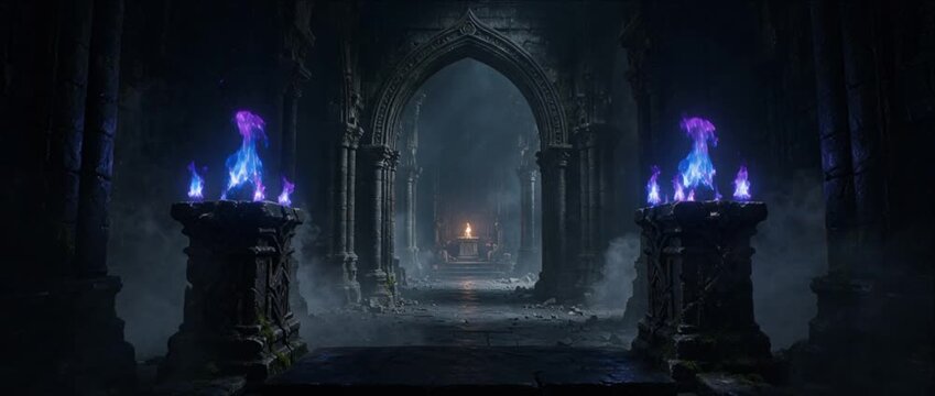 Gothic Torch Corridor with Blue and Violet Flame Illuminating Shadowy Stone Archway and Ancient Castle Interior, Misty Medieval Ruins Evoking Mysterious Dark Fantasy Exploration and Adventure