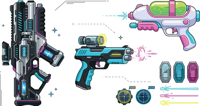 Futuristic Sci-Fi Blasters and Toy Laser Guns Vector Icon Set for Video Game Interface Design, Cyberpunk Assets, Sci-Fi Weapon Concept Art, and Gaming Elements