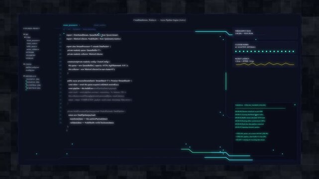 Futuristic hud interface motion graphic with digital technology data analysis, code, and security elements