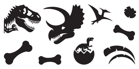 Set of 12 Black Dinosaur Silhouette Icons, T-Rex, Triceratops, Pterodactyl, Fossil, Hatching Egg and Claw Vector Illustration © Alamin