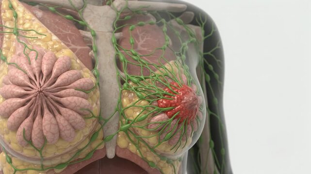 Female Breast Anatomy and Lymphatic System - Medical 3D Illustration Showing Lymph Nodes and Tumor - Cinematic Scientific Visualization 4K Video