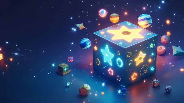 Magical glowing cube with star patterns floating in a deep blue cosmic space with neon planets
