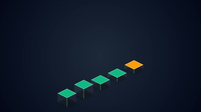 Premium 3D motion graphic showing a cascading glass bar chart with green and gold growth payoff. Seamless 6-second loop for corporate presentation.