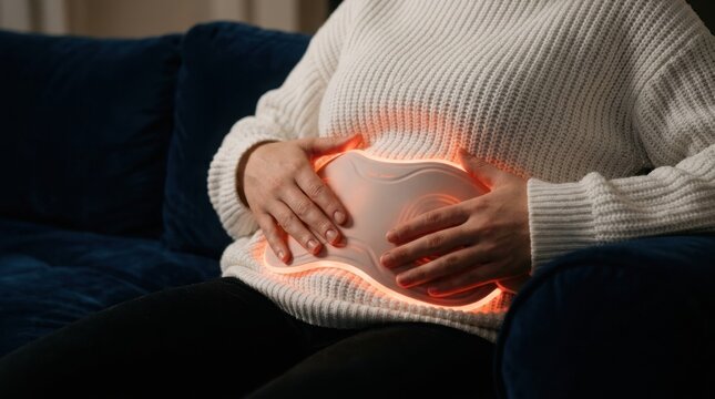 Person using a glowing heating pad on their stomach for pain relief