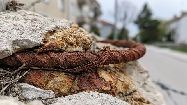 Close-up of heavily rusted rebar embedded in weathered concrete, showing signs of decay and urban dilapidation
