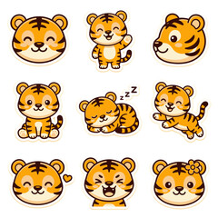 Obraz premium Cute Little Tiger Character Sticker Set Collection.