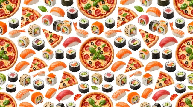 Seamless pattern of pizza sushi rolls and Japanese food isolated on white background