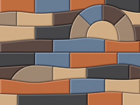 Decorative wall surface with interlocking colorful bricks and arched elements