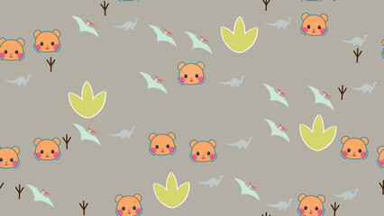 Cartoon Dinosaurs, Pterodactyls, and Bear Faces Pattern © xie