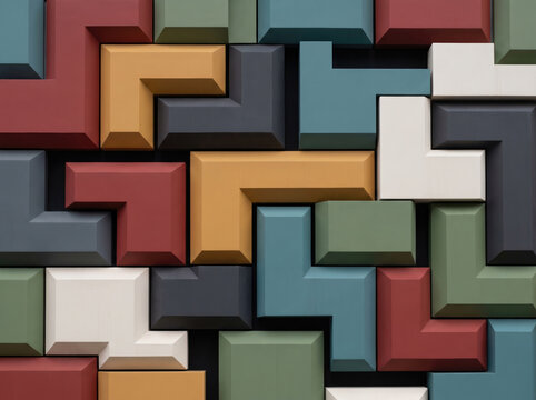 Interlocking l-shaped 3D geometric tiles in a mosaic pattern with geometric