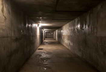 Fototapeta premium Urban isolation and loneliness, dark underground pedestrian tunnel with wet concrete walls and dim lighting in a deserted city passage at night
