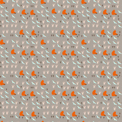 Pattern of orange figures, pterodactyls, goats, and bird tracks © xie