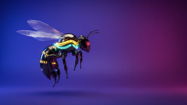 Futuristic robotic honeybee with glowing neon light stripes and mechanical wings