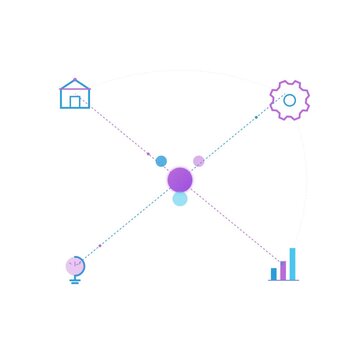 Animated neomorphic icons showing artificial intelligence enhancing small business operations through data streams and growth