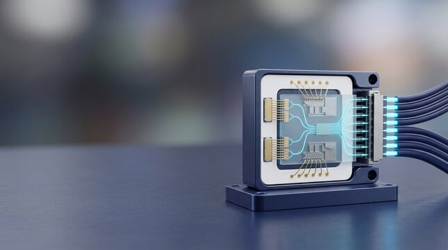 Silicon Photonics CPO Transceiver Module with Cyan Optical Waveguides with copy space 3D illustration