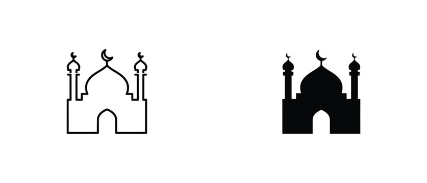 Mosque icon, Islamic religious symbol, Muslim prayer building, editable stroke, flat design, linear pictogram, isolated white background, vector illustration