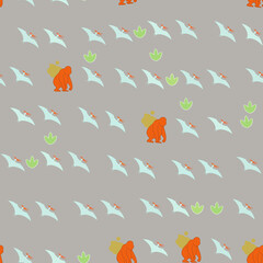 Seamless pattern of flying dinosaurs and ape figures © xie