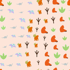 Seamless pattern with cartoon dinosaurs, ape-like figures © xie