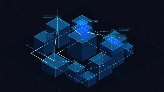 Futuristic isometric city animation with glowing blue HUD elements and data network connection lines