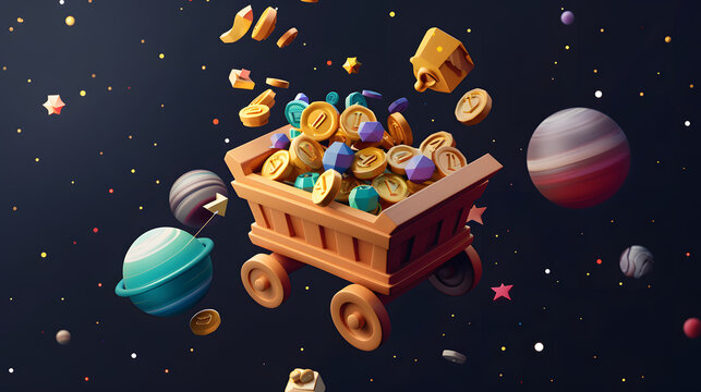 3D stylized mine cart filled with gold coins and gems floating in cosmic outer space with planets.
