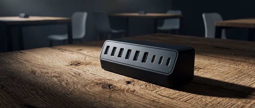 Black multi port usb hub on wooden table provides power connectivity for multiple electronic devices in contemporary office environment