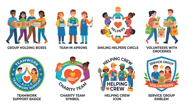 Volunteers illustrate community support through teamwork badges, helping crew emblems, and charity symbols featuring diverse people working together, holding boxes, and sharing groceries with care.